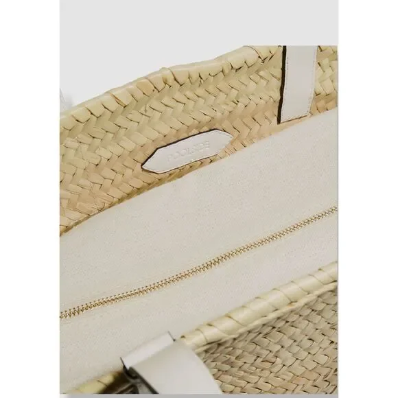 $245 Poolside Women's Beige The Essaouira Straw Medium Leather Tote Bag Purse - Picture 4 of 6